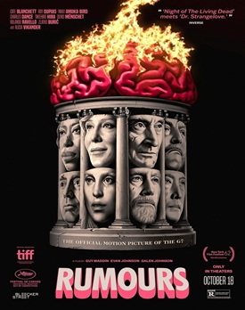 Scenă din Rumours 2024 online subtitrat, liderii se aventurează prin pădure în căutarea unei soluții la o criză globală.