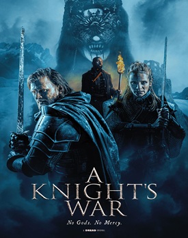 Cavaler în armură din filmul A Knight's War 2025, pregătit de luptă într-un peisaj fantastic întunecat.