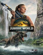 Scenă din Jurassic World Rebirth 2025 cu echipa de cercetători printre dinozauri în jungla tropicală.