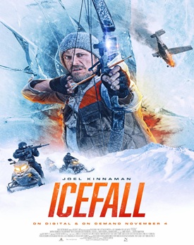 Afișul filmului Ice Fall 2025 cu paznicul nativ american și braconierul lângă un lac înghețat.